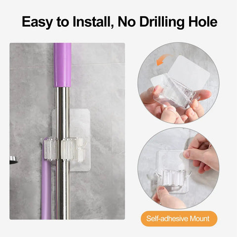 Two Pack Adhesive Broom And Mop Holder With Rubber Grips, Wall Mount Organizer With Hooks, No Drill Easy Install
