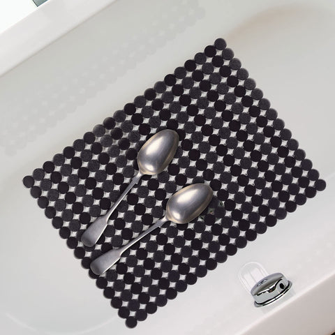 2 Pack Kitchen Sink Mat Set For Stainless Steel And Ceramic Sinks, Eco Friendly PVC Bottom Protector, Dots Design with spoons, Black