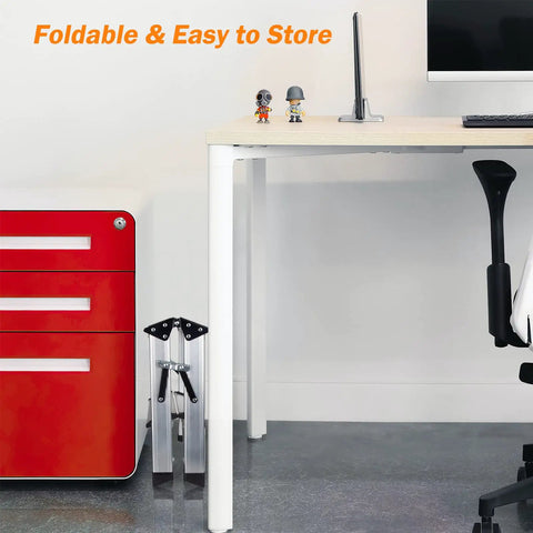 Two Step Folding Stool For Home And Garage, Lightweight Aluminum Two Step Ladder Supports Up To 330 Lbs, shown folded under desk