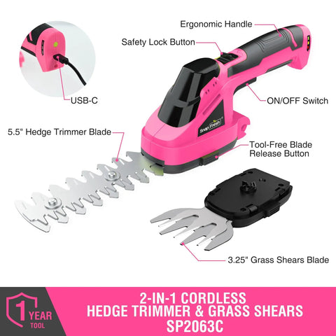 Slick Cordless Hedge Trimmer And Grass Shears 2 In 1 Lightweight Electric Bush Tool with USB-C, 5.5" trimmer blade, ergonomic grip.