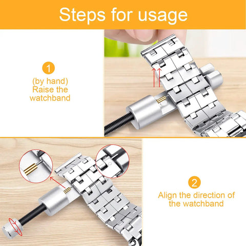 Watch Link Removal Tool Kit For Band Adjustment And Replacement, Pro Grade Watch Repair Set shown with metal watchband.