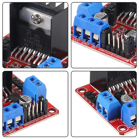 Close-up of 12 Pack Dual H Bridge Motor Driver Controller Board Module for Arduino projects with jumper wires and connectors.