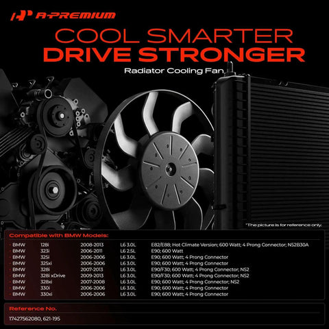 Heavy Duty Engine Radiator Cooling Fan Assembly For Bmw showing detailed fan blades and compatible models in a sleek design.