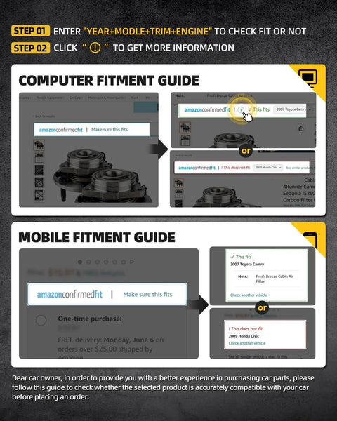 Computer and mobile fitment guide for car parts showing step-by-step instructions with images and highlighted areas for fit confirmation.