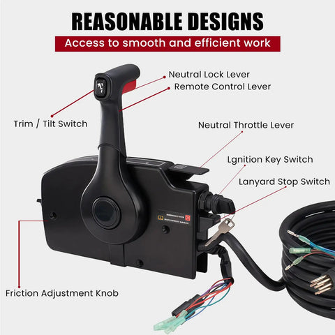 Side Mount Outboard Throttle Remote Control Box With 8 Pin Connector, die-cast aluminum housing, control lever, wiring harness visible