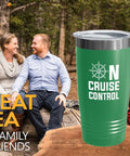 Green Voyager 20oz Tumbler For Boat Lovers On Cruise Control Vibe beside couple camping by trees.