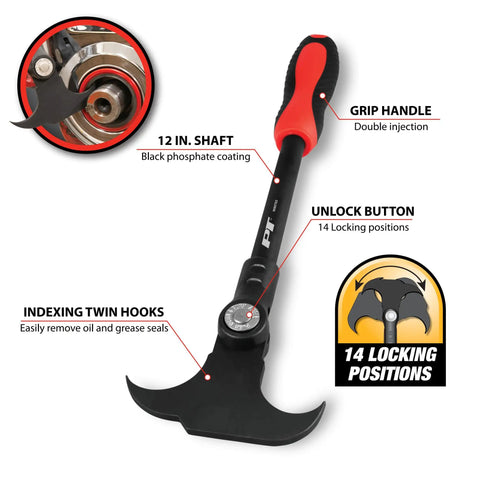 Indexing Twin Hook Oil And Grease Seal Puller With 14 Locking Positions and 12in shaft, close-up on handle and hooks