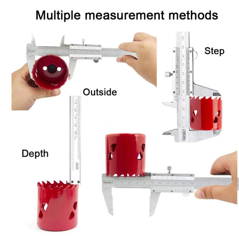 Pro Grade Vernier Caliper Measuring Tool In Stainless Steel, 6 Inch (150 mm) showing inside, outside, depth, and step.