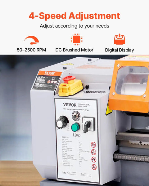 VEVOR Benchtop Metal Lathe Machine 7.87 X 13.78 Inches Precision Power Mill Tool with 600W Brush Motor and Variable Speed Control displaying controls.