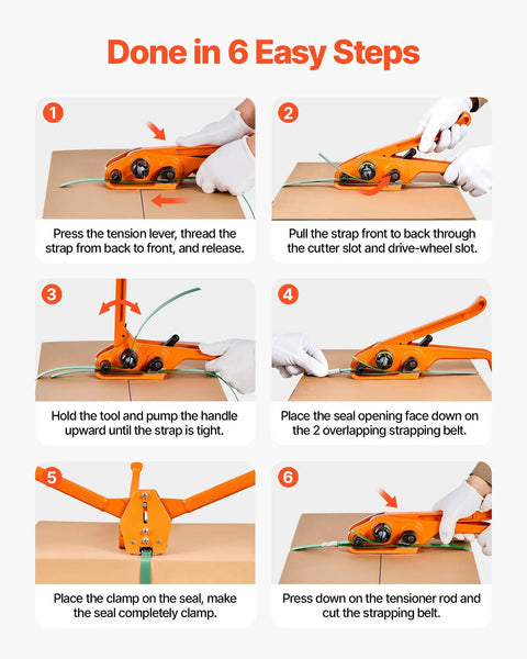 Beefy Heavy Duty Banding Strapping Kit With Manual Sealer, Extended Handle, 1000 Ft PET Band, 300 Metal Seals Five Eighth Inch Wide Strapping, Pallet Packaging Tool For Warehouse Shipping Moving And Home Use Orange showing 6-step strapping instructions