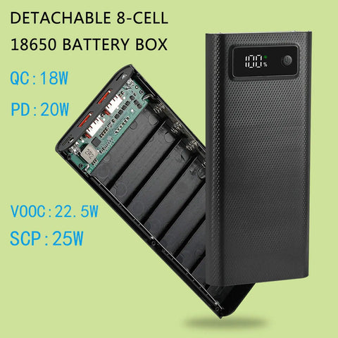 Slick 8 Slot 18650 Battery Holder With Usb C Fast Charging And Crisp Lcd Display, showing interior slots and detachable cover.