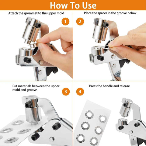 Step-by-step guide of the Heavy Duty Grommet Tool Kit With Eyelet Plier Handheld Puncher Set using 3/8 inch grommets.