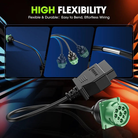 OBD2 To J1939 9Pin Adapter Cable Type 2 for Heavy Duty Rigs and Commercial Vehicles showing flexible wiring and connectors