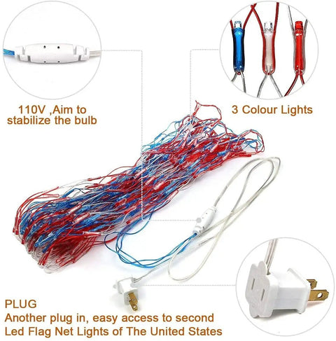 Patriotic Flag Net Light With 420 Super Bright LEDs Waterproof IP45 Outdoor String Lights plug and wire details
