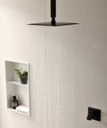 Ceiling Mount Rain Shower System With 10 Inch Square Head Matte Black Finish Rough-In Valve All Metal Construction Spa Quality Full Body Coverage Easy Install Shower Faucet Set