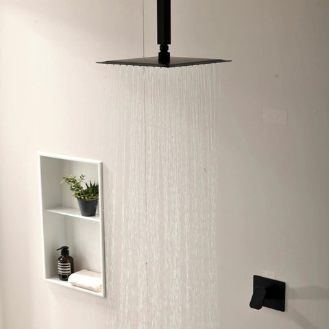 Ceiling Mount Rain Shower System With 10 Inch Square Head Matte Black Finish Rough-In Valve All Metal Construction Spa Quality Full Body Coverage Easy Install Shower Faucet Set