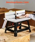 Benchtop Router Table With 24 by 15.7 Inch MDF Top And Adjustable Fence, sturdy metal base, for small woodworking projects.