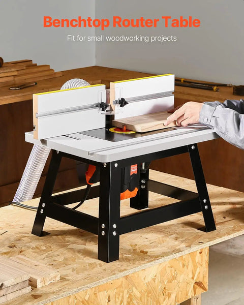 Benchtop Router Table With 24 by 15.7 Inch MDF Top And Adjustable Fence, sturdy metal base, for small woodworking projects.