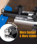 Precision Table Saw Thin Rip Jig Sliding Guide showing dual bearing design for improved stability and contact on miter track.