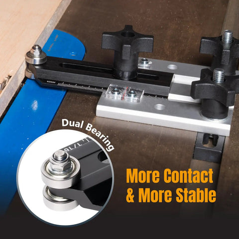 Precision Table Saw Thin Rip Jig Sliding Guide showing dual bearing design for improved stability and contact on miter track.