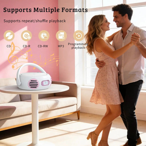 Couple dancing near an All In One Portable Boombox CD Player With Bluetooth For Home Or Outdoors on table