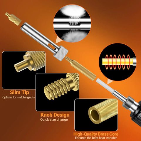 All In One Heat Set Threaded Inserts Kit With 300Pcs M2 M3 M4 M5 M6 M8 Inserts 100W Digital Soldering Iron Stand And Tweezers Great For 3D Printer Parts And Plastic Projects showing close-up of brass core and slim tip design.