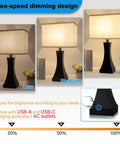 Table Lamp For Bedroom With 3 Way Dimmable Touch Control Dope Bedside Lamp With USB A And USB C Port And AC Outlet, dimming settings.