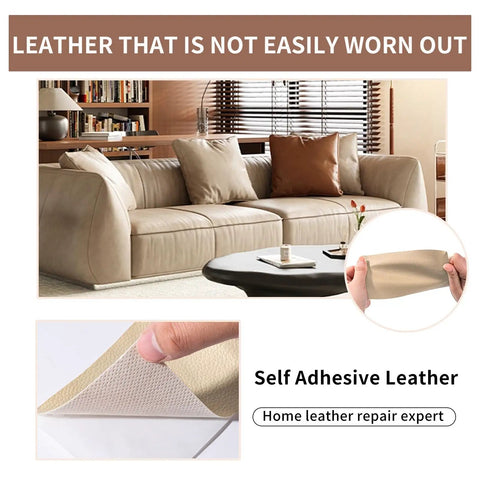 Leather Repair Patch Tape Light Beige Self Adhesive 3 X 61 Inches Kit for furniture, showing close-up view and application
