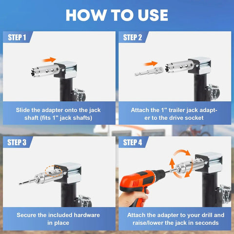Instructions on using the Rock Solid Heavy Duty Stainless Steel Trailer Jack Drill Adapter For One Inch Drive Shafts.
