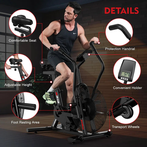 Air Resistance Fan Bike With Dual Action Handlebars And Dual Layer Transmission for home gym HIIT cardio workout details shown