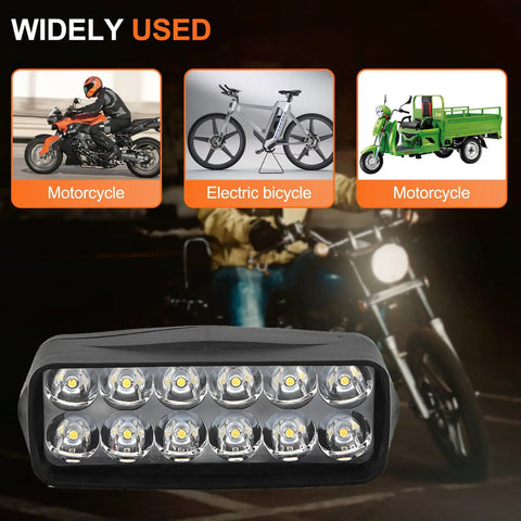Bright E Bike LED Light for Electric Bikes and Tricycles, Universal 12V to 80V Conversion Lamp with 12 LEDs and 6W Power, Anti Reverse Protection, High Visibility Front Light for Motorcycle Style Illumination