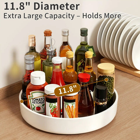 Boost Your Pantry Game With This 11 8 Inch Lazy Susan Turntable Game Changer with various condiments in a round white organizer.