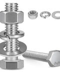 Rock Solid 3/8-16 Hex Head Bolts With Lock Nuts And Flat Washers 304 Stainless Steel Full Threaded Hardware Kit showing assembly components.
