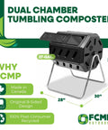 Canadian Made 37 Gallon Dual Chamber Tumbling Composter With 100 Percent Recycled Resin Eco Friendly Outdoor Rotating Bin, Black Finish