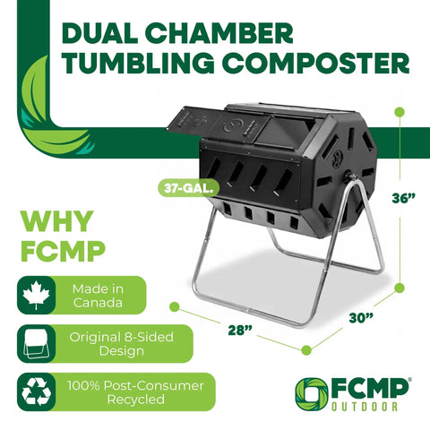 Canadian Made 37 Gallon Dual Chamber Tumbling Composter With 100 Percent Recycled Resin Eco Friendly Outdoor Rotating Bin, Black Finish
