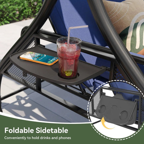 Outdoor Porch Swing With Stand And Canopy For Three Seats Adults Convertible 2 In 1 Swing Bed With Cup Holder and sidetable