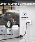 Level 1 And 2 Portable Home EV Charger With 16Amp 110V To 240V Flex, NEMA Adapters in use with electric vehicle in garage