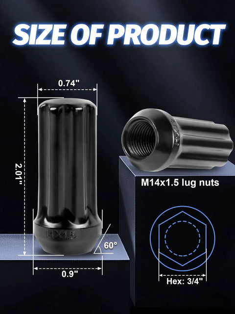 24 Pack Black XL Spline Lug Nuts M14x1.5 For 6 Lug Aftermarket Wheels With 60 Degree Conical Bulge Seat Closed End Includes 1 Socket Key