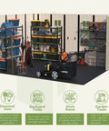 Interior view of 10x12 Ft Outdoor Storage Shed With Floor And Lockable Door All Weather Resin With Skylight And Multiple Windows Beige Backyard Garden Shed For Lawn Equipment Bikes Patio Furniture And Workshop Space, featuring organized tools, lawnmower, and shelves.