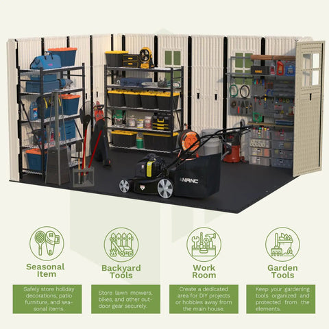 Interior view of 10x12 Ft Outdoor Storage Shed With Floor And Lockable Door All Weather Resin With Skylight And Multiple Windows Beige Backyard Garden Shed For Lawn Equipment Bikes Patio Furniture And Workshop Space, featuring organized tools, lawnmower, and shelves.