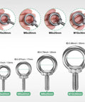 Premium Stainless Steel Eyebolts M10x40mm Solid As A Rock Shoulder Lifting Eye Bolts With Complete Nuts And Washers, various sizes shown.