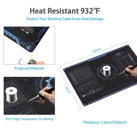 24x16 Inch Anti Static Rubber Mat Kit For ESD Sensitive Electronics Repair Soldering PC Building And Assembly On Workbench With Grounding Plug Cord And Antistatic Wrist Strap Heat Resistant, showing heat resistance and dimensions.