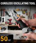 No Drama 20V Brushless Cordless Oscillating Multitool showing ergonomic grip and charging indicator for smooth cutting.