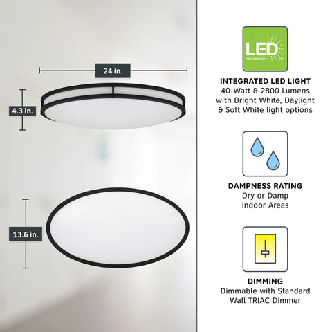 Matte Black 24 Inch Oval LED Flush Mount Ceiling Light With Dimmable Bright Output Triple Color Temperature 3000K 4000K 5000K 2800 Lumens Ideal For Kitchen Bedroom Bathroom Hallway And Living Areas showing dimensions and features