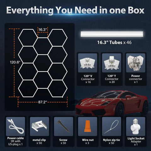 Diagram showing Hexagon Garage LED Lights 322W 11 Panel Grid Ceiling Mount Kit with installation components and dimensions.
