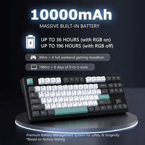 Slick 87 Key Gasket Mount Tenkeyless Mechanical Keyboard Featuring Hot Swappable Switches And Full Spectrum RGB Illumination for a buttery silky typing experience, showcasing 10000mAh battery info.