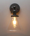 Hardwired Wall Sconce With Switch For Indoor Lighting, Vanity Lamps With Funnel Clear Glass Shade, Retro Vibe Bathroom Fixture shown