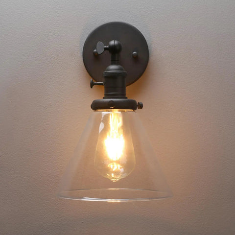 Hardwired Wall Sconce With Switch For Indoor Lighting, Vanity Lamps With Funnel Clear Glass Shade, Retro Vibe Bathroom Fixture shown
