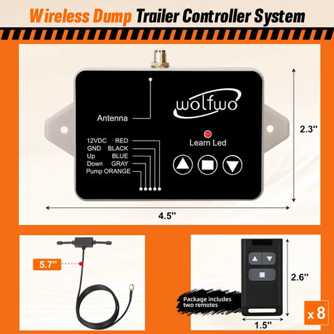 Dimensions and components of Dump Trailer Wireless Remote Controller For 3 Wire And 4 Wire 12V Hydraulic Dump Trailer, includes remote.