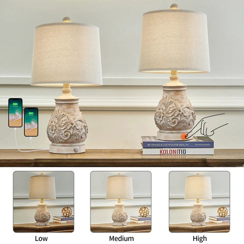 21 Inch 3 Way Dimmable Touch Table Lamp With Two Usb Ports, set of 2, antique floral design, linen shade, showing dimming levels.
